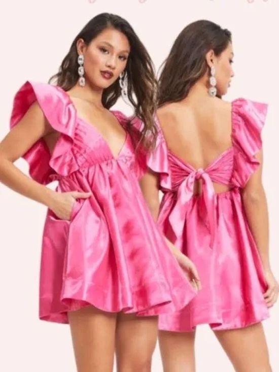 Mable Dresses & Skirts - Women's Pink Satin Mini Dress with Ruffle Sleeves